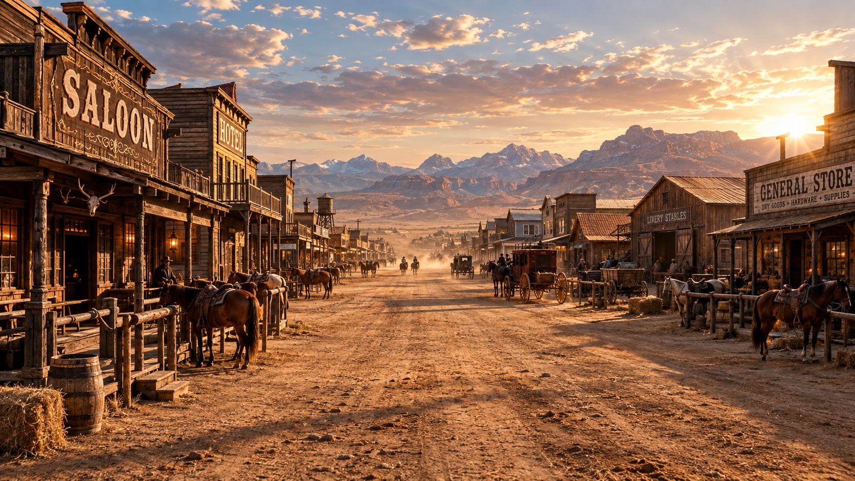 Grande rue principale d'une ville du Far West avec chevaux et saloon